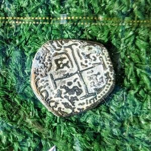 Replica 1600s Antique Religious Cross Atocha Relic Unusual Script Metal Coin GUC